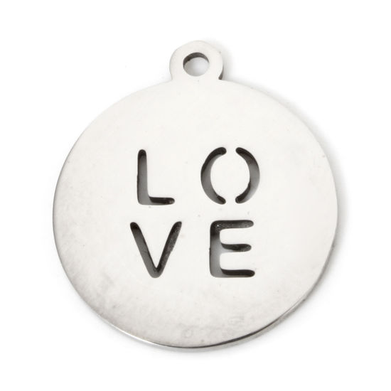 Picture of 5 PCs Eco-friendly 201 Stainless Steel Valentine's Day Disc Charms Silver Tone Round Message " LOVE " Hollow 18.5mm x 16mm
