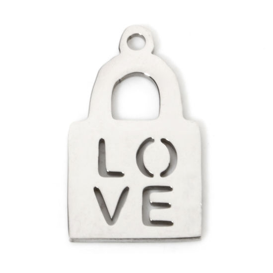 Picture of 5 PCs Eco-friendly 201 Stainless Steel Valentine's Day Charms Silver Tone Lock Message " LOVE " Hollow 18.5mm x 11mm