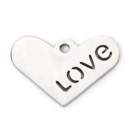 Picture of 5 PCs Eco-friendly 201 Stainless Steel Valentine's Day Charms Silver Tone Heart Message " LOVE " Hollow 16mm x 11mm