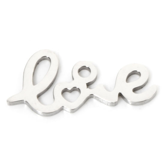 Picture of 5 PCs Eco-friendly 201 Stainless Steel Valentine's Day Charms Silver Tone Heart Message " LOVE " Hollow 18mm x 8.5mm