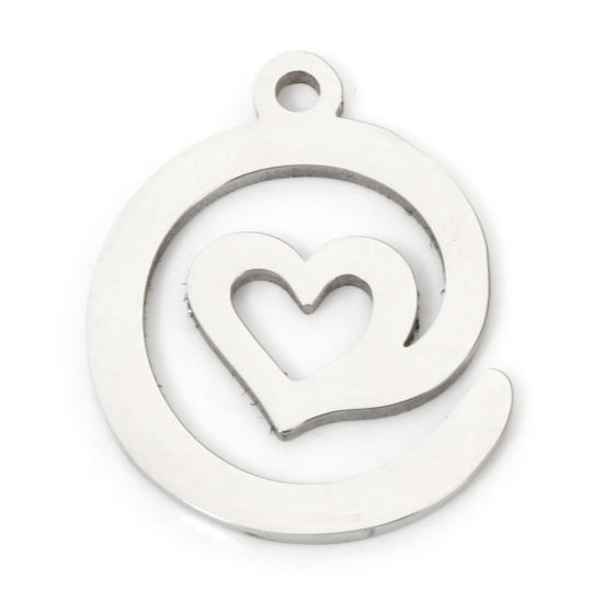 Picture of 5 PCs Eco-friendly 201 Stainless Steel Valentine's Day Charms Silver Tone Spiral Heart Hollow 17.5mm x 13.5mm