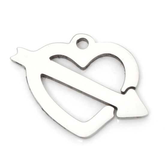 Picture of 5 PCs Eco-friendly 201 Stainless Steel Valentine's Day Charms Silver Tone Heart Arrow Hollow 17.5mm x 14mm