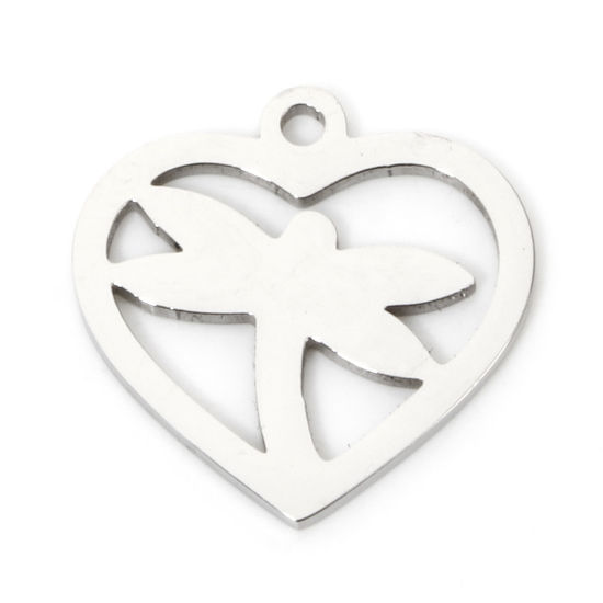 Picture of 5 PCs Eco-friendly 201 Stainless Steel Valentine's Day Charms Silver Tone Heart Dragonfly Hollow 16mm x 16mm