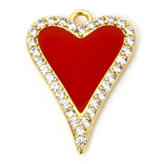 Image de 1 Pièce Breloques La Saint Valentin en Laiton Respectueux de la Nature Cœur Plaqué Or Véritable 18K Rouge Émail à Zircone Cubique Clair 23mm x 17mm