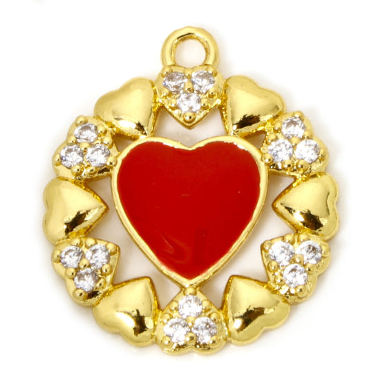 Image de 1 Pièce Breloques La Saint Valentin en Laiton Respectueux de la Nature Cœur Plaqué Or Véritable 18K Rouge Émail à Zircone Cubique Clair 21mm x 18mm