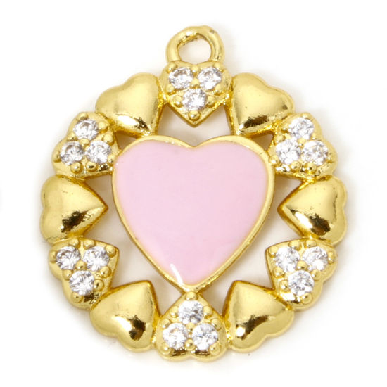 Image de 1 Pièce Breloques La Saint Valentin en Laiton Respectueux de la Nature Cœur Plaqué Or Véritable 18K Rose Émail à Zircone Cubique Clair 21mm x 18mm