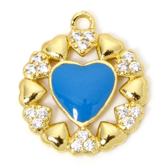 Image de 1 Pièce Breloques La Saint Valentin en Laiton Respectueux de la Nature Cœur Plaqué Or Véritable 18K Bleu Émail à Zircone Cubique Clair 21mm x 18mm