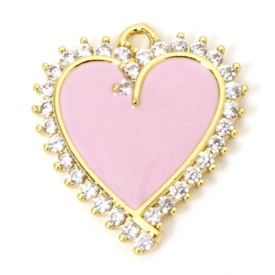 Image de 1 Pièce Breloques La Saint Valentin en Laiton Respectueux de la Nature Cœur Plaqué Or Véritable 18K Rose Émail à Zircone Cubique Clair 21mm x 18mm
