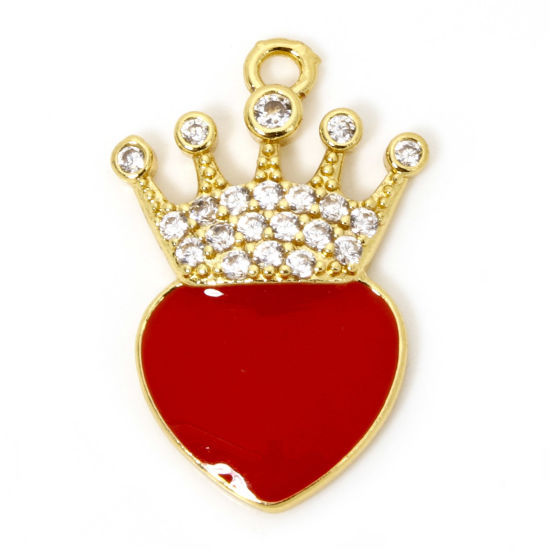 Image de 1 Pièce Breloques La Saint Valentin en Laiton Respectueux de la Nature Cœur Plaqué Or Véritable 18K Rouge Couronnes Émail à Zircone Cubique Clair 24mm x 16mm