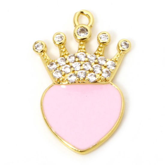 Image de 1 Pièce Breloques La Saint Valentin en Laiton Respectueux de la Nature Cœur Plaqué Or Véritable 18K Rose Couronnes Émail à Zircone Cubique Clair 24mm x 16mm