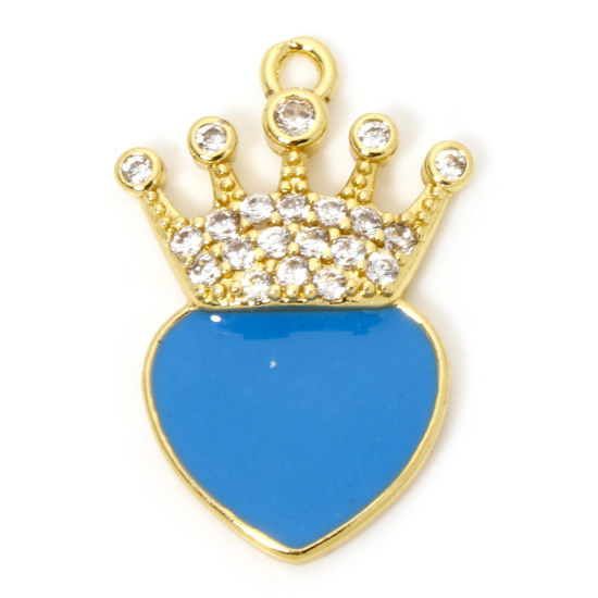 Image de 1 Pièce Breloques La Saint Valentin en Laiton Respectueux de la Nature Cœur Plaqué Or Véritable 18K Bleu Couronnes Émail à Zircone Cubique Clair 24mm x 16mm