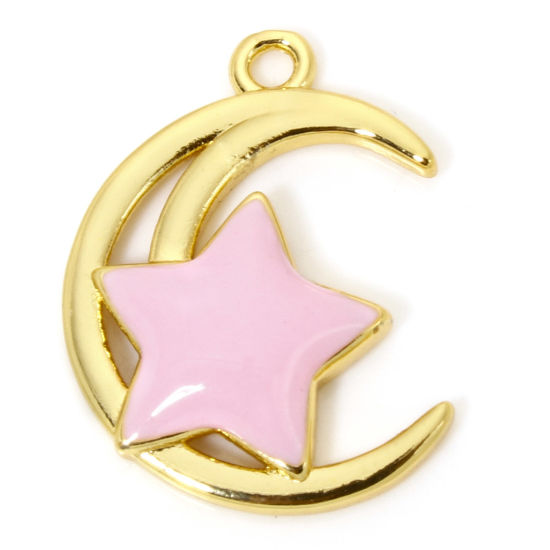 Image de 1 Pièce Breloques Galaxie en Laiton Respectueux de la Nature Demi Lune Plaqué Or Véritable 18K Rose Etoile Émail 23mm x 17mm