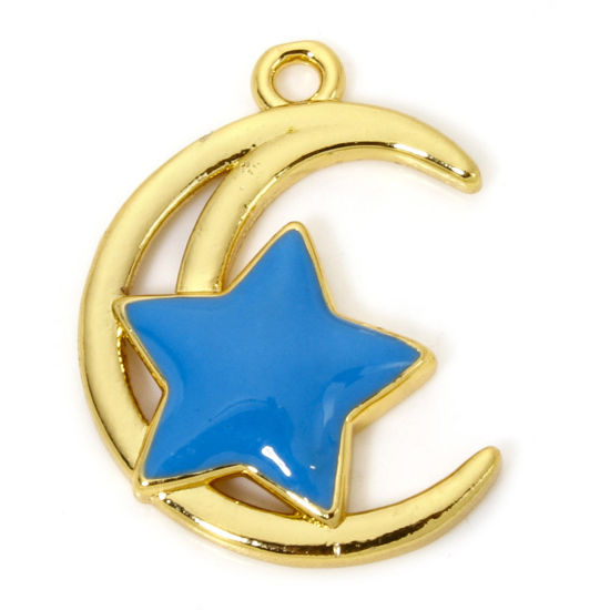 Image de 1 Pièce Breloques Galaxie en Laiton Respectueux de la Nature Demi Lune Plaqué Or Véritable 18K Bleu Etoile Émail 23mm x 17mm