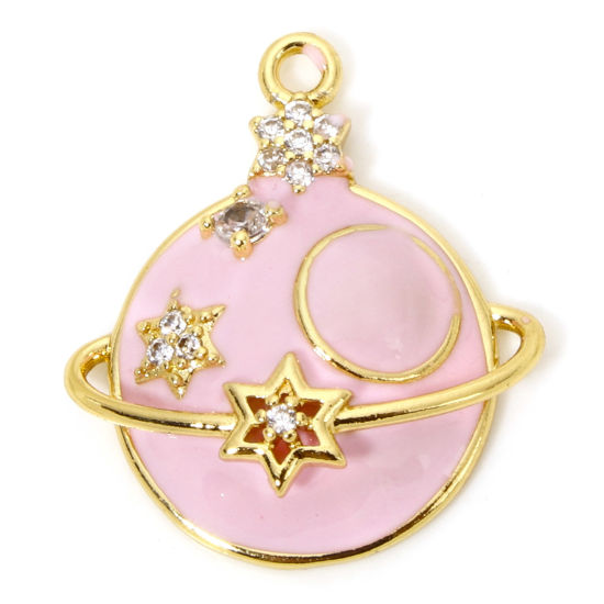 Image de 1 Pièce Breloques Galaxie en Laiton Respectueux de la Nature Planète Plaqué Or Véritable 18K Rose Etoile Émail 24mm x 21mm