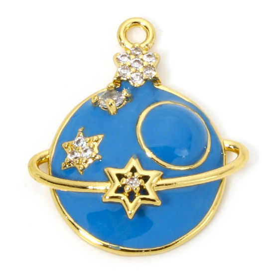 Image de 1 Pièce Breloques Galaxie en Laiton Respectueux de la Nature Planète Plaqué Or Véritable 18K Bleu Etoile Émail 24mm x 21mm