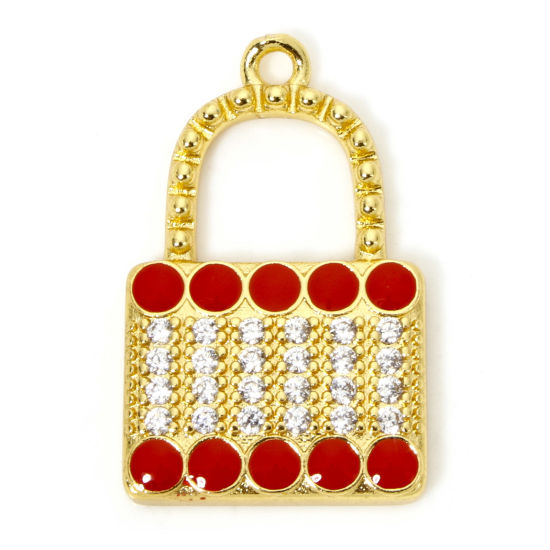 Image de 1 Pièce Breloques Vêtements en Laiton Respectueux de la Nature Sac à Main Plaqué Or Véritable 18K Rouge Émail à Zircone Cubique Clair 27mm x 17mm