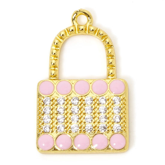Image de 1 Pièce Breloques Vêtements en Laiton Respectueux de la Nature Sac à Main Plaqué Or Véritable 18K Rose Émail à Zircone Cubique Clair 27mm x 17mm