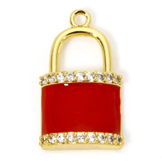 Image de 1 Pièce Breloques Micro Pave en Laiton Respectueux de la Nature Serrure Plaqué Or Véritable 18K Rouge Émail à Zircone Cubique Clair 23mm x 14mm