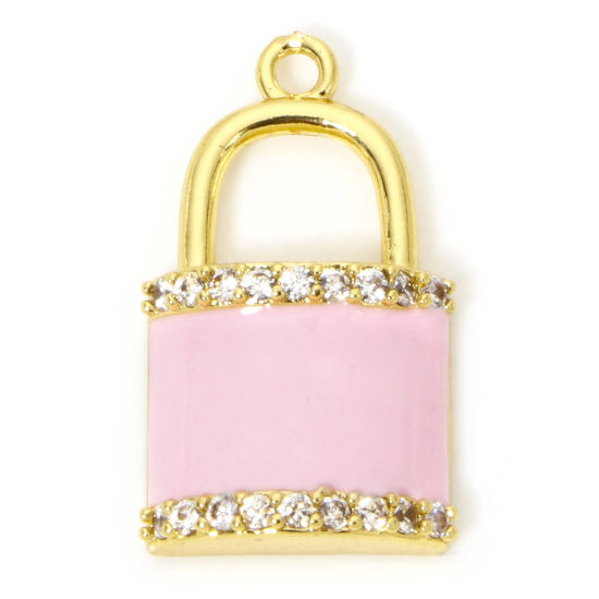 Image de 1 Pièce Breloques Micro Pave en Laiton Respectueux de la Nature Serrure Plaqué Or Véritable 18K Rose Émail à Zircone Cubique Clair 23mm x 14mm
