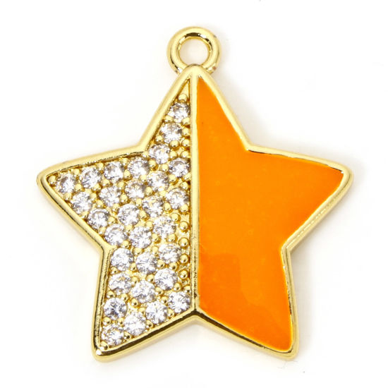 Immagine di 1 Pz Ecologico Ottone Galassia Ciondoli Stella 18K Vero Oro Placcato Arancione Smalto Trasparente Cubic Zirconiae 23mm x 21mm