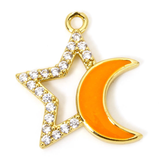 Immagine di 1 Pz Ecologico Ottone Galassia Ciondoli 18K Vero Oro Placcato Arancione Smalto Luna Stella Filigrana Trasparente Cubic Zirconiae 21mm x 19mm