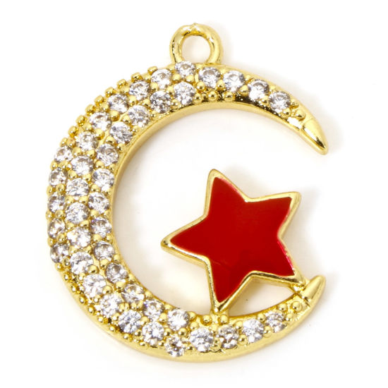 Immagine di 1 Pz Ecologico Ottone Galassia Ciondoli Luna 18K Vero Oro Placcato Rosso Stella Smalto Trasparente Cubic Zirconiae 23mm x 18.5mm