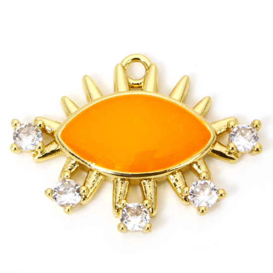 Immagine di 1 Pz Ecologico Ottone Ciondoli Occhi 18K Vero Oro Placcato Arancione Smalto Trasparente Cubic Zirconiae Trasparente Strass 26mm x 19.5mm