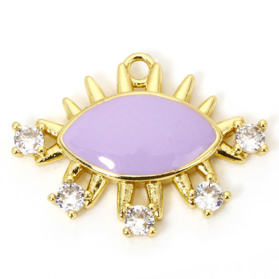 Immagine di 1 Pz Ecologico Ottone Ciondoli Occhi 18K Vero Oro Placcato Colore Viola Smalto Trasparente Cubic Zirconiae Trasparente Strass 26mm x 19.5mm