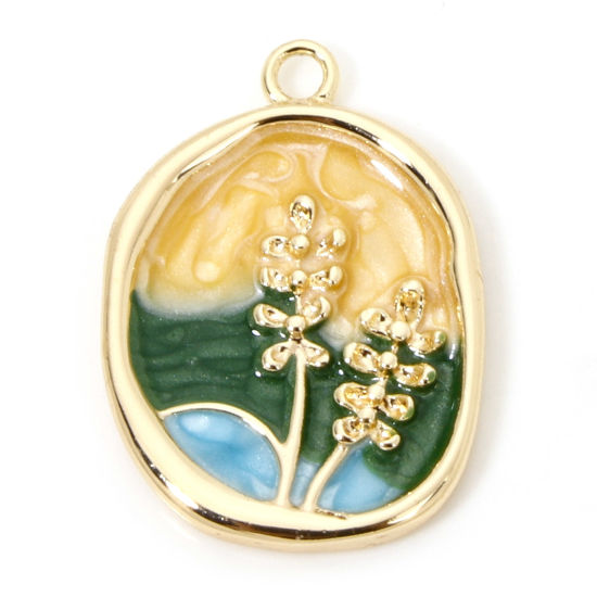 Picture of 1 Piece Eco-friendly Brass Oil Painting Style Charms 18K Real Gold Plated Multicolor Irregular Flower Enamel 23mm x 16mm