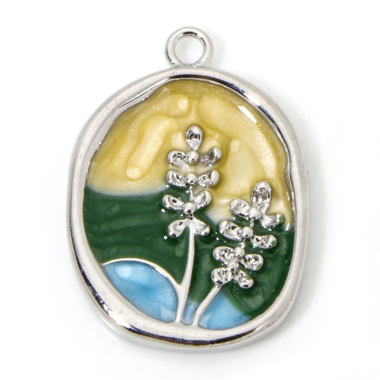 Picture of 1 Piece Eco-friendly Brass Oil Painting Style Charms Real Platinum Plated Multicolor Irregular Flower Enamel 23mm x 16mm