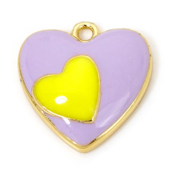 Immagine di 1 Pz Ecologico Ottone San Valentino Ciondoli Cuore 18K Vero Oro Placcato Colore Viola Smalto 19mm x 18mm