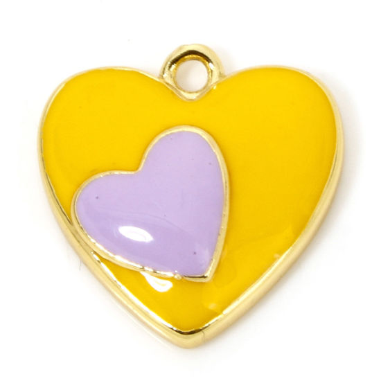 Immagine di 1 Pz Ecologico Ottone San Valentino Ciondoli Cuore 18K Vero Oro Placcato Giallo Smalto 19mm x 18mm