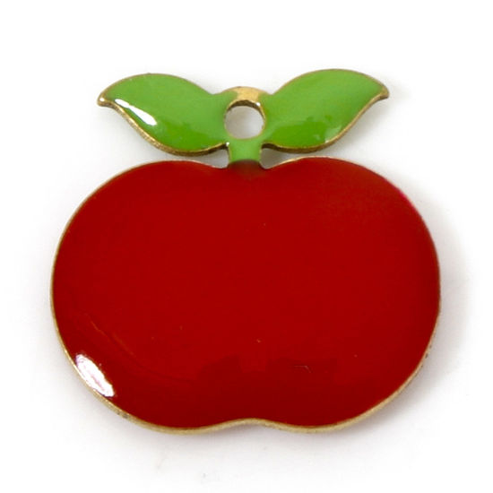 Picture of 5 PCs Brass Enamelled Sequins Charms Original Color Unplated Apple Fruit Enamel 12mm x 11.5mm