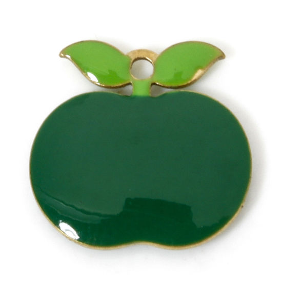 Picture of 5 PCs Brass Enamelled Sequins Charms Original Color Unplated Green Apple Fruit Enamel 12mm x 11.5mm