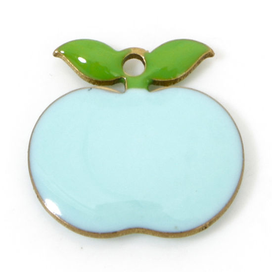 Picture of 5 PCs Brass Enamelled Sequins Charms Original Color Unplated Blue Apple Fruit Enamel 12mm x 11.5mm