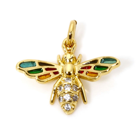 Picture of 1 Piece Eco-friendly Brass Insect Charms 18K Real Gold Plated Multicolor Bee Animal Enamel Clear Cubic Zirconia 15mm x 14mm