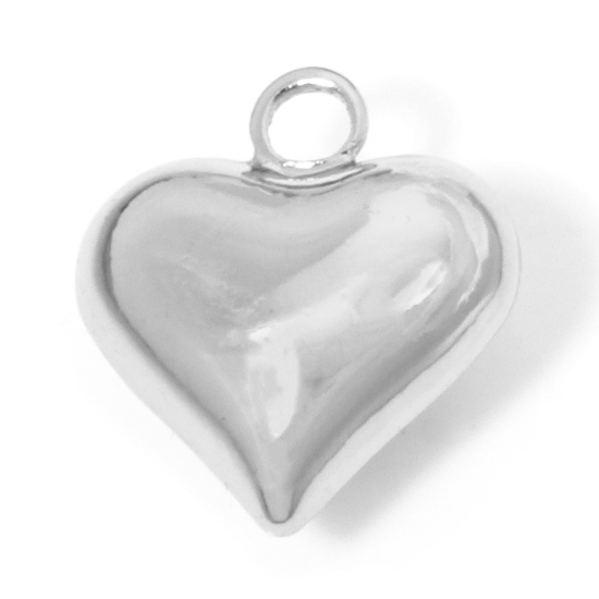 Picture of 1 Piece Eco-friendly Brass Valentine's Day Charm Pendant Real Platinum Plated Heart 3D 17mm x 15mm