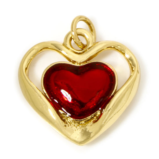 Image de 1 Pièce Breloques La Saint Valentin en Laiton Respectueux de la Nature Cœur Plaqué Or Véritable 18K Rouge Émail 20mm x 17mm