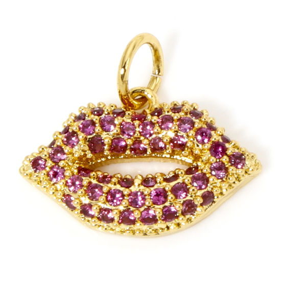 Image de 1 Pièce Breloques Micro Pave en Laiton Respectueux de la Nature Lèvres Plaqué Or Véritable 18K à Zircone Cubique Fuchsia 15mm x 14mm