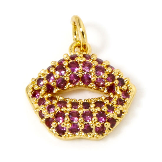 Image de 1 Pièce Breloques Micro Pave en Laiton Respectueux de la Nature Lèvres Plaqué Or Véritable 18K à Zircone Cubique Fuchsia 14mm x 11mm