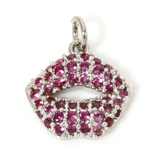 Image de 1 Pièce Breloques Micro Pave en Laiton Respectueux de la Nature Lèvres Plaqué Platine Véritable à Zircone Cubique Fuchsia 14mm x 11mm