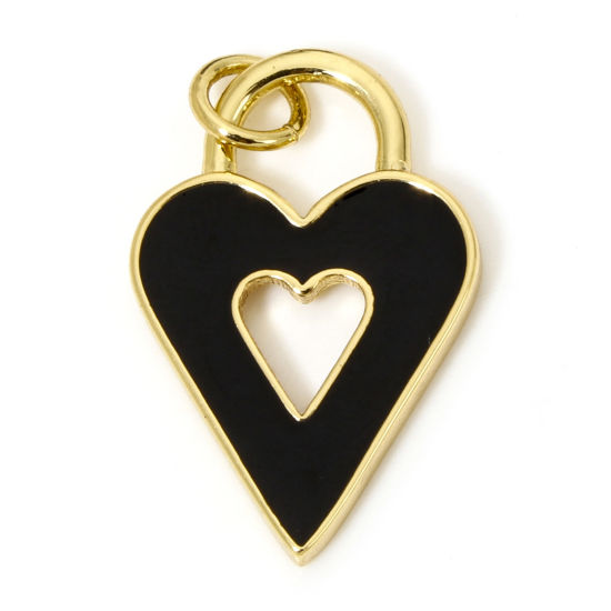 Picture of 1 Piece Eco-friendly Brass Valentine's Day Charms 18K Real Gold Plated Black Heart Enamel 25mm x 14mm