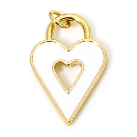Picture of 1 Piece Eco-friendly Brass Valentine's Day Charms 18K Real Gold Plated White Heart Enamel 25mm x 14mm