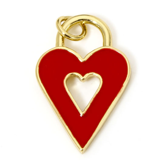 Picture of 1 Piece Eco-friendly Brass Valentine's Day Charms 18K Real Gold Plated Red Heart Enamel 25mm x 14mm