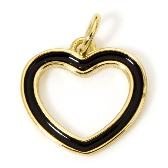 Picture of 1 Piece Eco-friendly Brass Valentine's Day Charms 18K Real Gold Plated Black Heart Enamel 25mm x 14mm