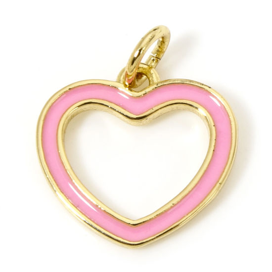 Picture of 1 Piece Eco-friendly Brass Valentine's Day Charms 18K Real Gold Plated Pink Heart Enamel 25mm x 14mm
