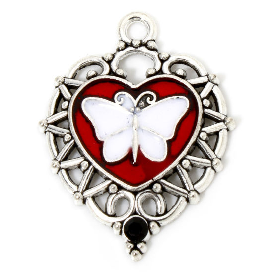 Picture of 5 PCs Zinc Based Alloy Halloween Pendants Antique Silver Color White & Red Heart Butterfly Enamel Black Rhinestone 3.4cm x 2.6cm