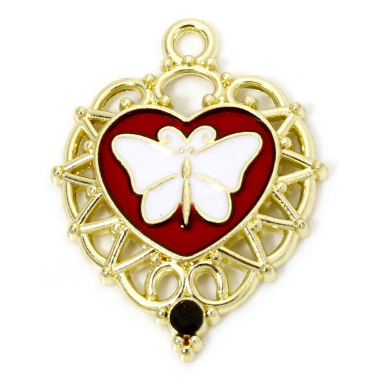 Picture of 5 PCs Zinc Based Alloy Halloween Pendants Gold Plated White & Red Heart Butterfly Enamel Black Rhinestone 3.4cm x 2.6cm