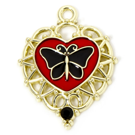 Picture of 5 PCs Zinc Based Alloy Halloween Pendants Gold Plated Black & Red Heart Butterfly Enamel Black Rhinestone 3.4cm x 2.6cm