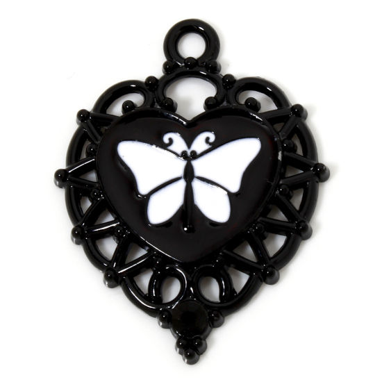 Picture of 5 PCs Zinc Based Alloy Halloween Pendants Black Black & White Heart Butterfly Enamel Black Rhinestone 3.4cm x 2.6cm